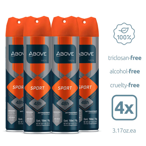 ABOVE Sport Antiperspirant Spray, 48-Hour Protection, Invisible, Alcohol-Free, 5.07 fl. oz, Pack of 4